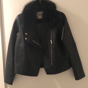 Black faux leather jacket with faux fur collar